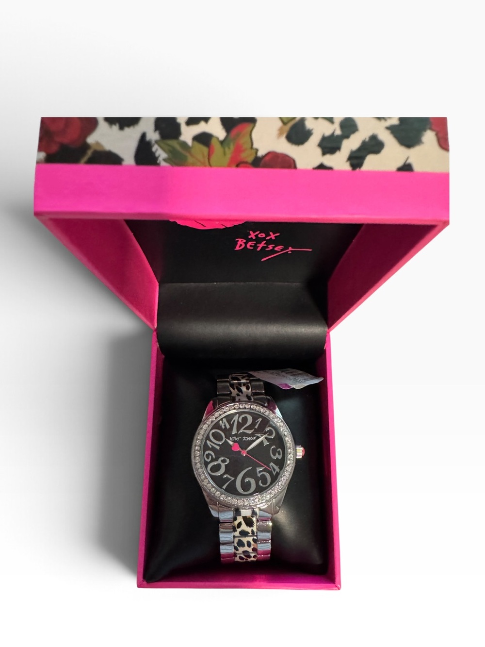 Betsey Johnson Silver Watch with Black Dial and Pink Accents